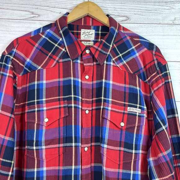 Lucky Brand Mens Medium Red Plaid Pearl Snap Button Front Western Shirt Size XL - Picture 3 of 13